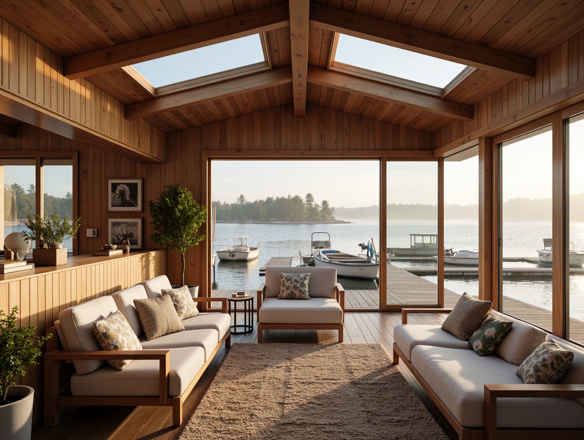 Prompt: Cozy boathouse, natural wood accents, Scandinavian-inspired decor, large windows, skylights, sliding glass doors, lake or ocean views, wooden dock, sailboats, rowing boats, nautical elements, rope details, woven textiles, earthy tones, soft warm lighting, morning sunlight, gentle water reflections, misty atmosphere, 1/2 composition, shallow depth of field, realistic wood textures, ambient occlusion.