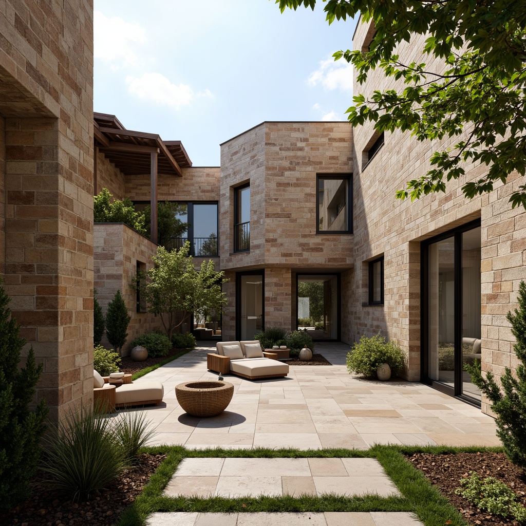 Prompt: Natural stone walls, earthy tones, rustic textures, modern luxury villa, private courtyard, lush greenery, serene ambiance, soft warm lighting, shallow depth of field, 3/4 composition, panoramic view, realistic stone textures, ambient occlusion, sophisticated interior design, elegant furniture pieces, refined decorative accents, statement stone fireplaces, sleek metal fixtures, lavish master bathrooms, spa-inspired amenities.