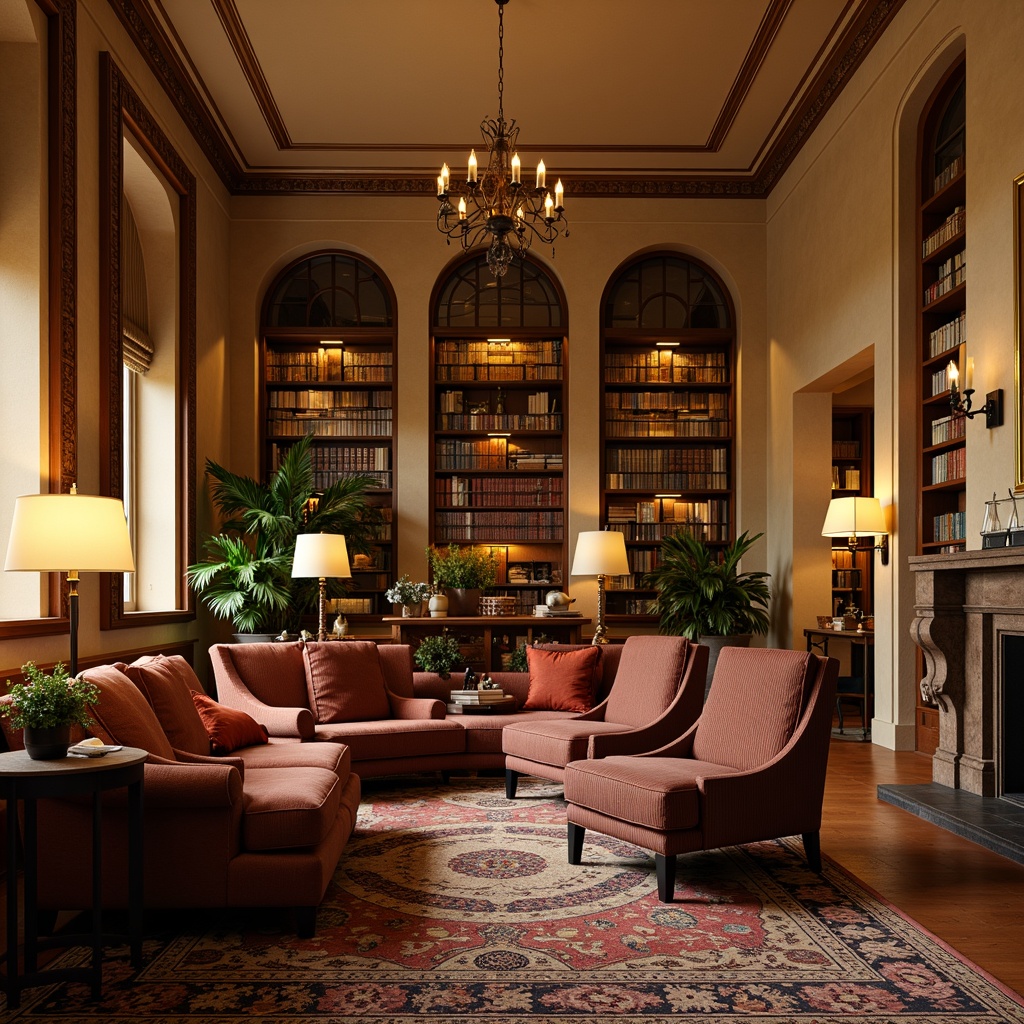 Prompt: Cozy library atmosphere, transitional style furniture, plush sofas, velvet armchairs, wooden coffee tables, floor lamps, bookshelves, warm beige walls, rich brown leather, soft golden lighting, comfortable reading nooks, elegant archways, ornate moldings, rustic wooden accents, vintage rug patterns, calming color palette, natural textures, inviting ambiance, harmonious spatial arrangement, 2/3 composition, soft focus, warm color temperature.