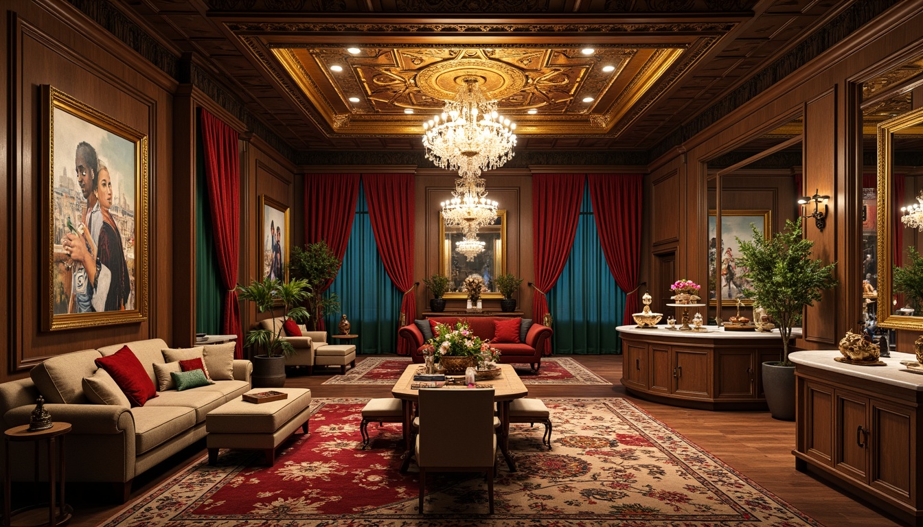 Prompt: Opulent luxurious interior, lavish furnishings, intricately patterned rugs, ornate golden frames, sparkling crystal chandeliers, rich velvet drapes, exotic marble countertops, statement pieces of art, bold colorful accents, whimsical decorative accessories, eclectic vintage items, distressed wood textures, warm atmospheric lighting, dramatic ceiling fixtures, symmetrical composition, 1/1 aspect ratio, high contrast color palette, detailed realistic renderings.