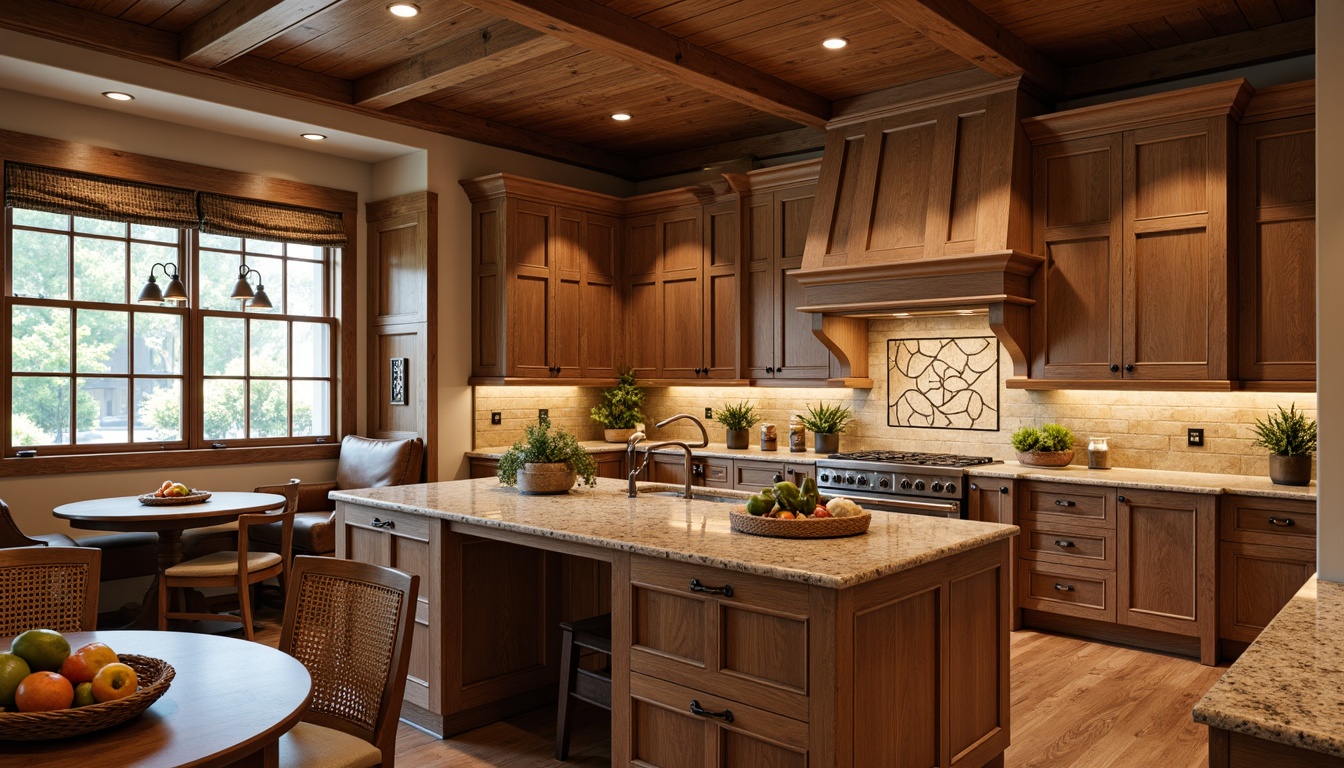 Prompt: Rustic craftsman kitchen, warm wooden cabinetry, earthy tone countertops, natural stone surfaces, honed granite edges, rich brown colors, classic Shaker style, ornate metal hardware, pendant lighting fixtures, cozy breakfast nook, built-in banquettes, farmhouse sink, apron-front cabinets, soft warm lighting, 1/1 composition, realistic textures, ambient occlusion.