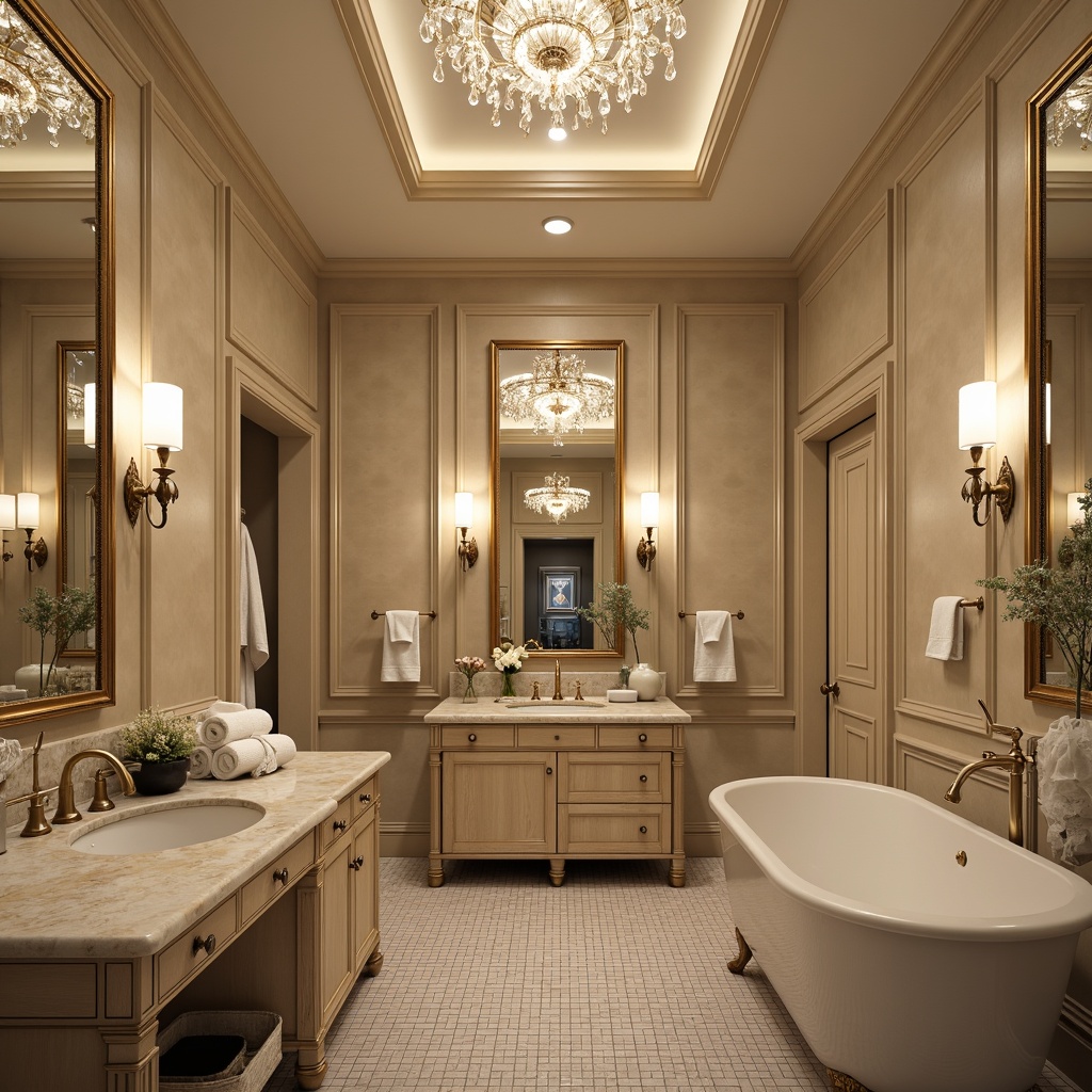 Prompt: Elegant bathroom, classic fixtures, ornate faucets, marble countertops, porcelain sinks, Victorian-style mirrors, crystal chandeliers, soft warm lighting, beige walls, wooden cabinets, antique door handles, decorative moldings, freestanding tubs, rainfall showerheads, body sprays, handheld showers, heated floors, mosaic tiles, natural stone accents, ornate metalwork, luxurious textiles, warm color palette, 1/1 composition, shallow depth of field, realistic reflections.