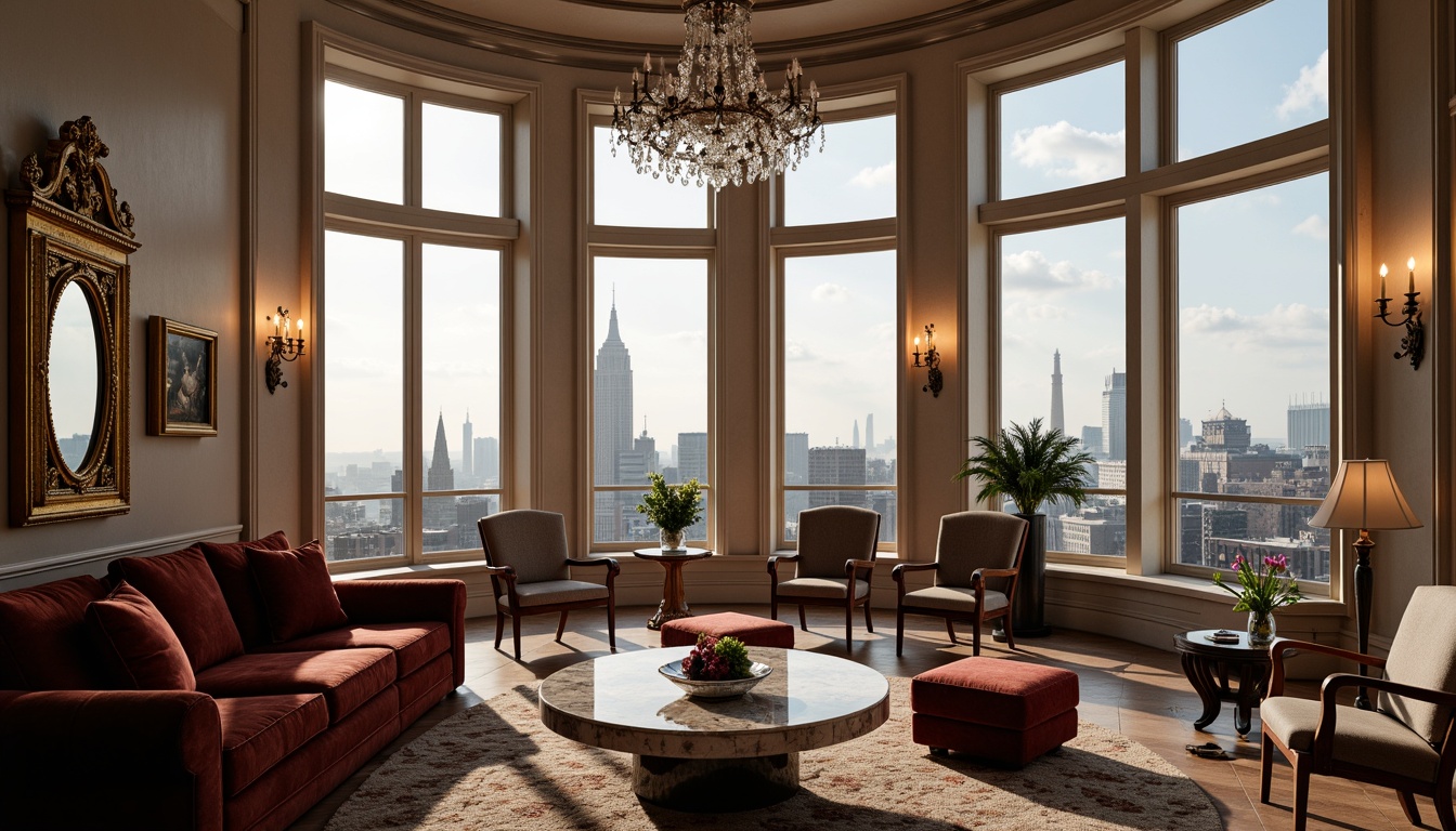 Prompt: Luxurious penthouse interior, neoclassical style, elegant furnishings, ornate mirrors, velvet sofas, marble coffee tables, gilded frames, crystal chandeliers, plush area rugs, floor-to-ceiling windows, breathtaking city views, soft warm lighting, 1/1 composition, shallow depth of field, realistic textures, ambient occlusion.