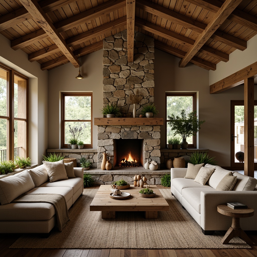 Prompt: Earthy cabin, wooden accents, natural stone walls, cozy fireplace, plush furnishings, warm beige tones, soft sage greenery, rustic wooden beams, textured rug, comfortable nooks, ambient warm lighting, shallow depth of field, 1/2 composition, inviting atmosphere, realistic wood textures, subtle shadows.