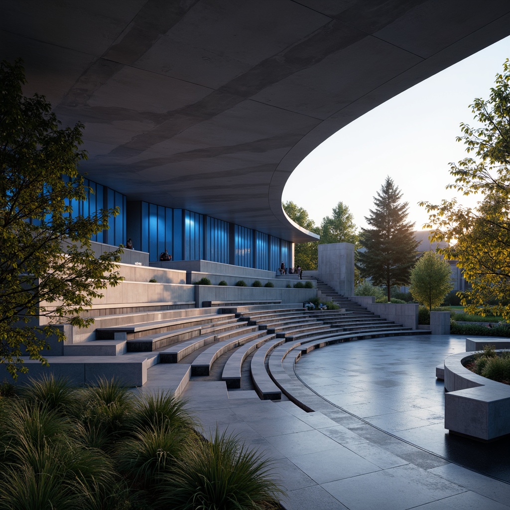 Prompt: Sleek modern amphitheater, curved lines, minimalist design, polished concrete floors, acoustic panels, sound-absorbing materials, tiered seating, gradient blue lighting, atmospheric misting systems, lush greenery, water features, tranquil ambiance, warm golden hour, shallow depth of field, 1/2 composition, soft focus blur, realistic textures, ambient occlusion.