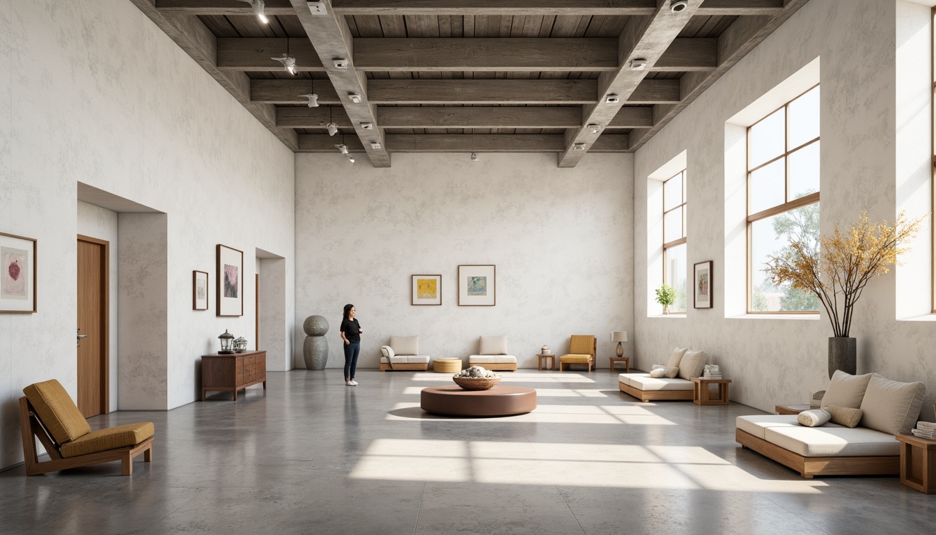 Prompt: Minimalist art galleries, polished concrete floors, whitewashed walls, large windows, natural light, Nordic-inspired furniture design, wooden accents, sleek lines, ergonomic chairs, cozy reading nooks, modern sculptures, abstract artwork, ambient lighting, soft warm tones, shallow depth of field, 2/3 composition, cinematic view, realistic textures, subtle animations.