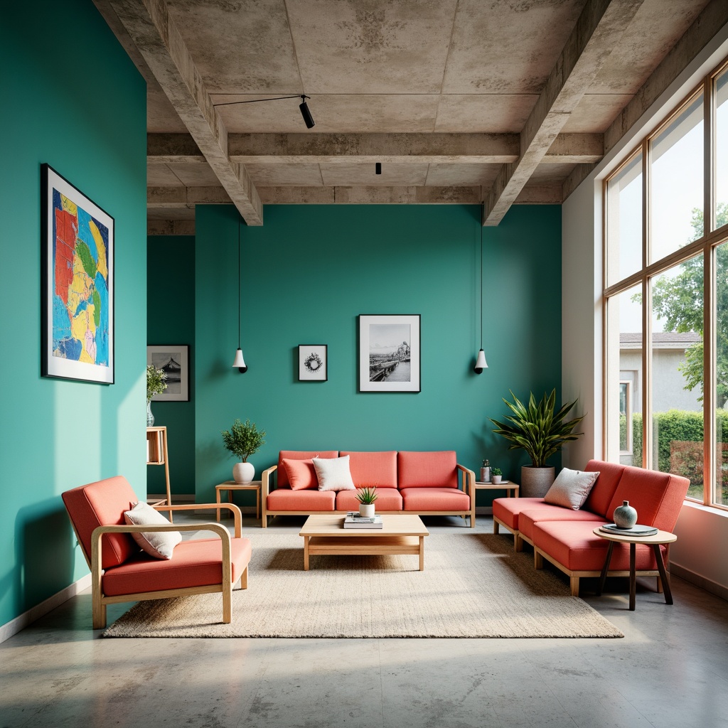 Prompt: Vibrant teal accents, bold geometric shapes, clean minimalist lines, industrial materials, raw concrete textures, functional modern furniture, sparse decorative elements, neutral color palette, pops of bright coral, warm beige tones, natural light flooding, shallow depth of field, 1/1 composition, realistic renderings, ambient occlusion.