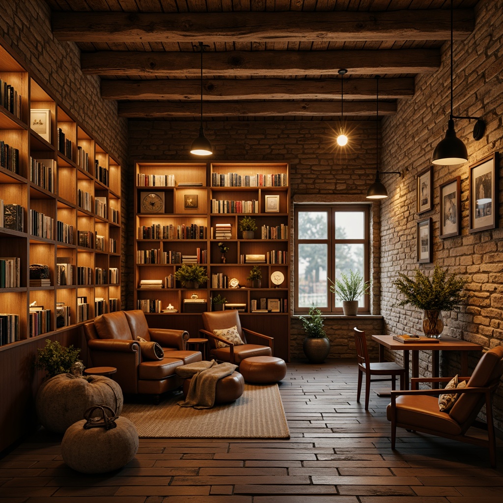 Prompt: Rustic wooden accents, warm candlelight, soft ambient glow, industrial metal shades, vintage Edison bulbs, exposed brick walls, natural stone floors, earthy color palette, warm beige tones, distressed wood textures, metal lanterns, pendant lights, cozy reading nooks, floor-to-ceiling bookshelves, comfortable leather armchairs, wooden desk lamps, 3/4 composition, shallow depth of field, realistic lighting effects, warm color temperature.