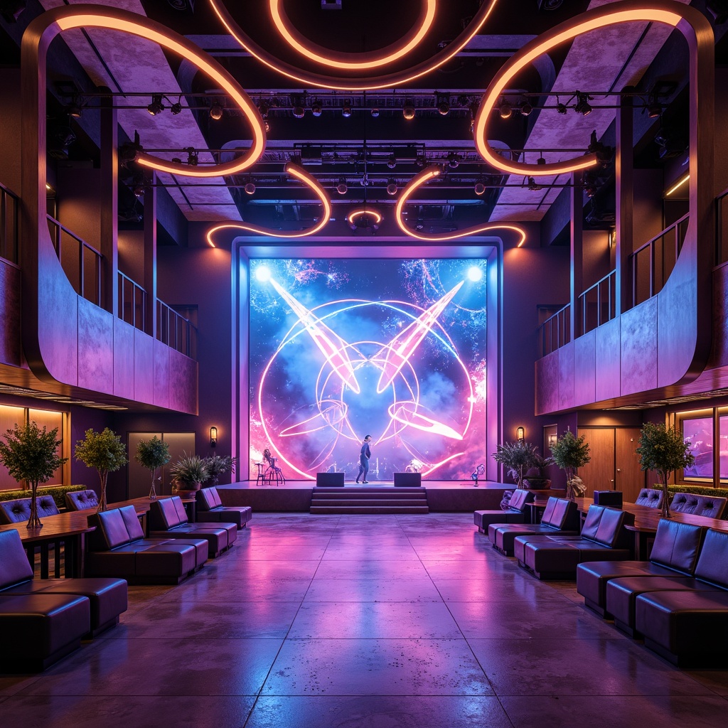 Prompt: Futuristic music venue, neon-lit stage, gleaming metallic surfaces, curved acoustic panels, geometric sound diffusers, iridescent LED lights, holographic projections, immersive audio systems, minimalist seating areas, polished concrete floors, avant-garde chandeliers, vibrant color schemes, ambient occlusion, shallow depth of field, 3/4 composition, wide-angle lens, realistic reflections, sleek modern architecture.