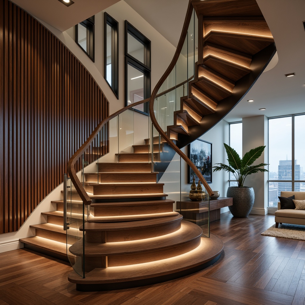 Prompt: Sleek modern staircase, innovative handrail design, stainless steel balusters, minimalist aesthetic, floating steps, glass or acrylic panels, LED lighting integration, futuristic ambiance, high-gloss wood finishes, geometric patterns, urban loft setting, industrial-chic decor, warm ambient lighting, shallow depth of field, 1/2 composition, realistic textures, subtle reflections.