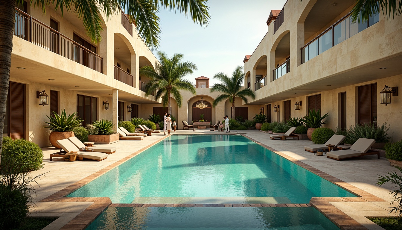 Prompt: Luxurious art deco pool, ornate lanterns, bronze sconces, crystal chandeliers, geometric patterned tiles, turquoise water, sun-kissed decks, lush greenery, palm trees, Mediterranean-inspired architecture, curved lines, metallic accents, vibrant color schemes, warm golden lighting, soft shadows, 1/1 composition, realistic reflections, ambient occlusion.