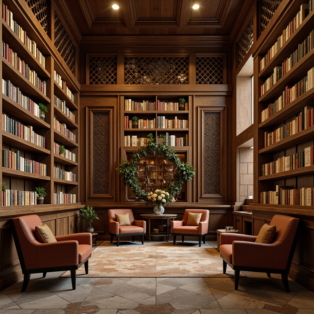 Prompt: Vintage bookshelves, rich wood tones, warm golden lighting, cozy reading nooks, plush armchairs, earthy color palette, muted greens, rusty reds, creamy whites, soft beige textures, worn leather bindings, classic typography, elegant cursive fonts, subtle paper textures, natural stone floors, wooden latticework, ornate metal fixtures, soft box lighting, 1/1 composition, intimate atmosphere, realistic wood grain, ambient occlusion.