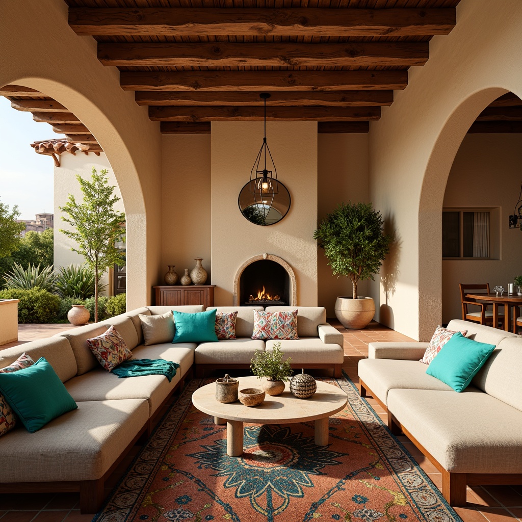 Prompt: Cozy family room, warm beige walls, terracotta floors, rustic wooden beams, plush sectional sofas, vibrant turquoise accents, colorful Moroccan tiles, ornate metal lanterns, lush greenery, potted olive trees, natural stone fireplaces, soft golden lighting, shallow depth of field, 3/4 composition, panoramic view, realistic textures, ambient occlusion.