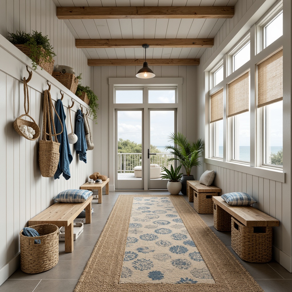 Prompt: Coastal mudroom, natural woven fibers, jute rugs, sisal wall coverings, driftwood accents, nautical ropes, coral-inspired patterns, ocean-blue hues, sandy beige tones, weathered wood benches, woven sea grass baskets, shell-adorned decorative accents, soft warm lighting, shallow depth of field, 3/4 composition, panoramic view, realistic textures, ambient occlusion.