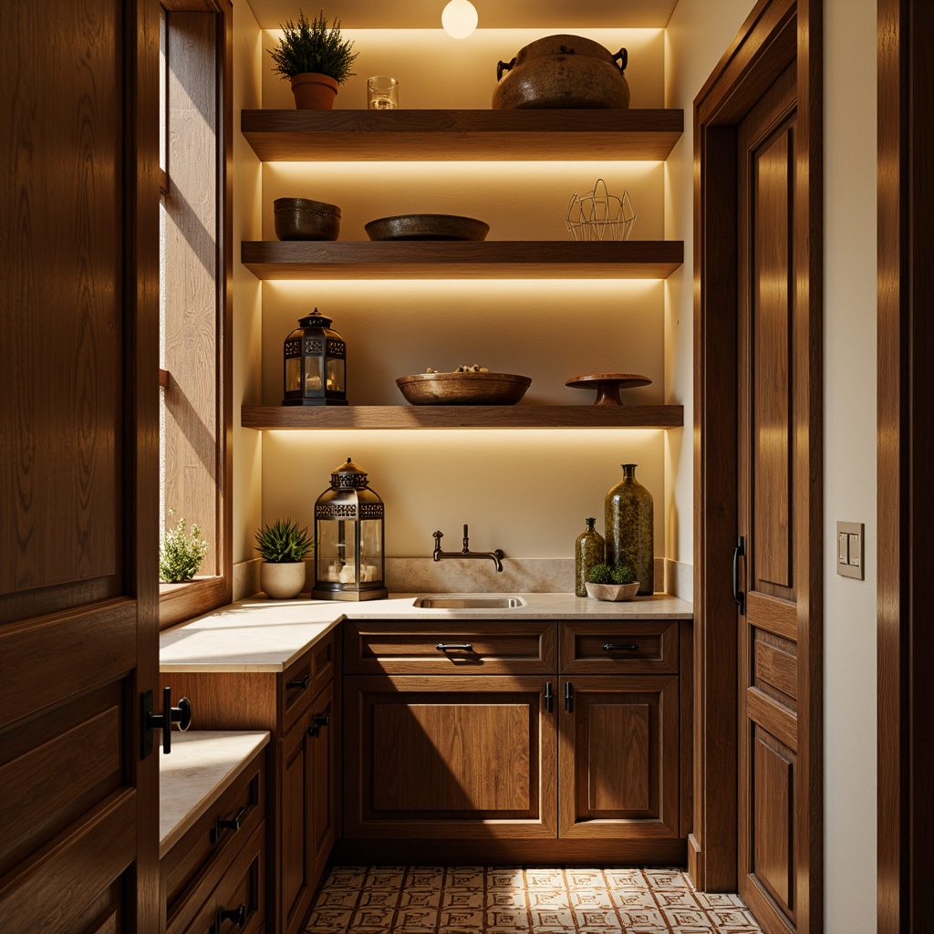 Prompt: Cozy traditional pantry, warm beige walls, rustic wooden shelves, vintage metal lanterns, soft warm glow, ambient lighting, ornate bronze fixtures, creamy white countertops, decorative ceramic tiles, classic cabinetry, rich wood tones, elegant crown molding, subtle backlighting, 3/4 composition, shallow depth of field, realistic textures, warm color palette.