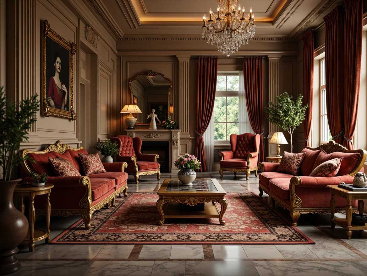 Prompt: Elegant living room, intricately carved wooden furniture, rich velvet upholstery, ornate gold accents, classical columns, marble flooring, crystal chandeliers, soft warm lighting, shallow depth of field, 3/4 composition, realistic textures, ambient occlusion, neoclassical-inspired patterns, luxurious drapery, subtle color palette, refined proportions, sophisticated ambiance.