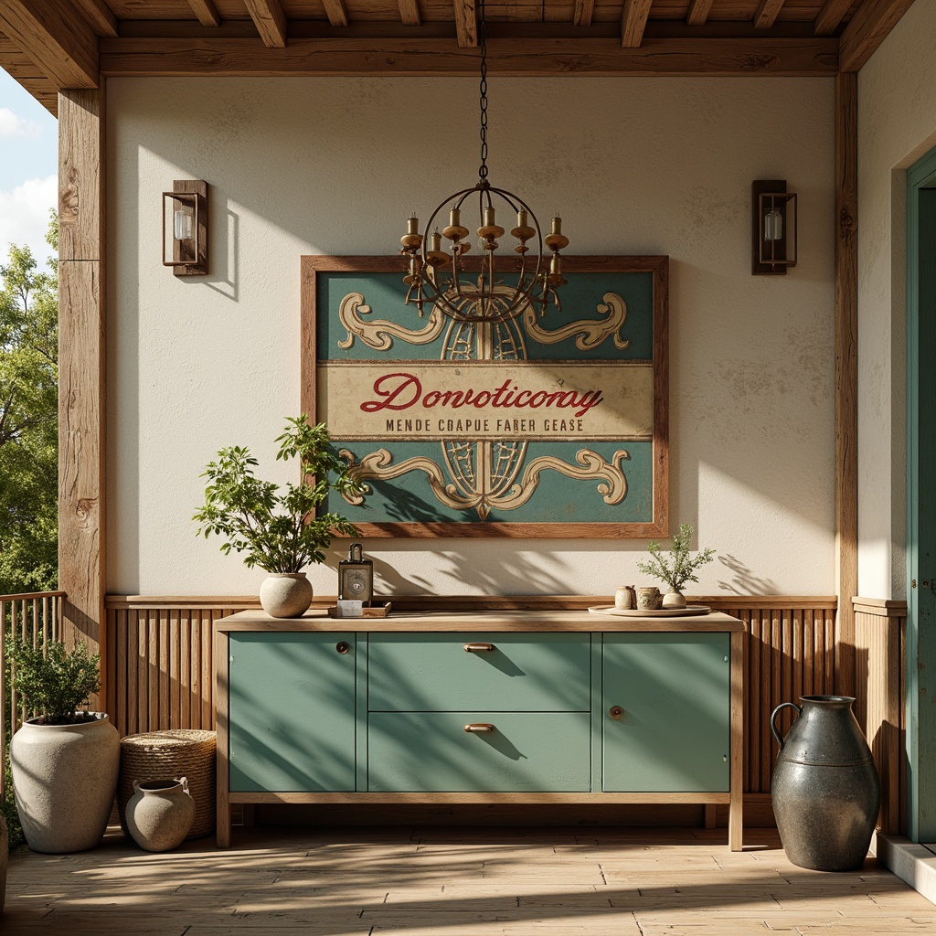 Prompt: Rustic farmhouse, vintage Art Deco accents, earthy tones, warm beige, soft sage green, weathered wood textures, distressed metal finishes, classic geometric patterns, ornate typography, creamy whites, rich turquoise blues, bold reds, sunny afternoon light, shallow depth of field, 1/1 composition, realistic renderings, ambient occlusion.