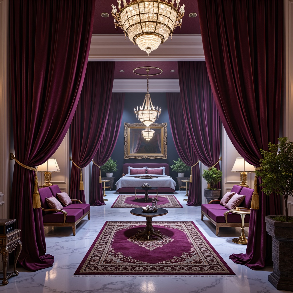 Prompt: Luxurious velvet drapes, intricately embroidered silk fabrics, ornate golden frames, richly patterned rugs, opulent marble floors, grandiose crystal chandeliers, lavish furniture upholstery, regal purple accents, dramatic curved lines, exquisite carved wooden details, soft warm candlelight, atmospheric smoke effects, cinematic composition, 1/2 camera angle, shallow depth of field, realistic texture renderings.