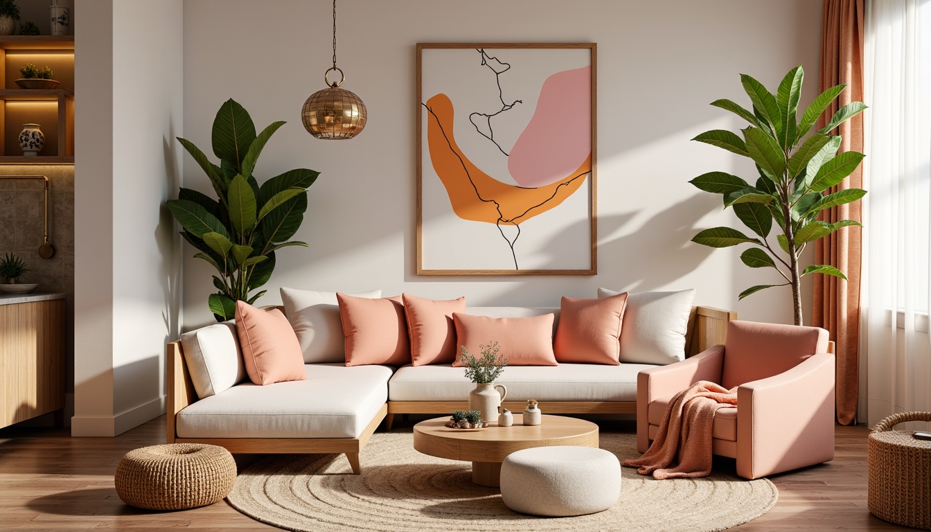 Prompt: Vibrant design studio, eclectic furniture, pastel hues, soft peach tones, creamy whites, rich wood accents, metallic gold details, abstract geometric patterns, natural textiles, bohemian-inspired decor, warm ambient lighting, shallow depth of field, 1/2 composition, realistic renderings, subtle color gradations.