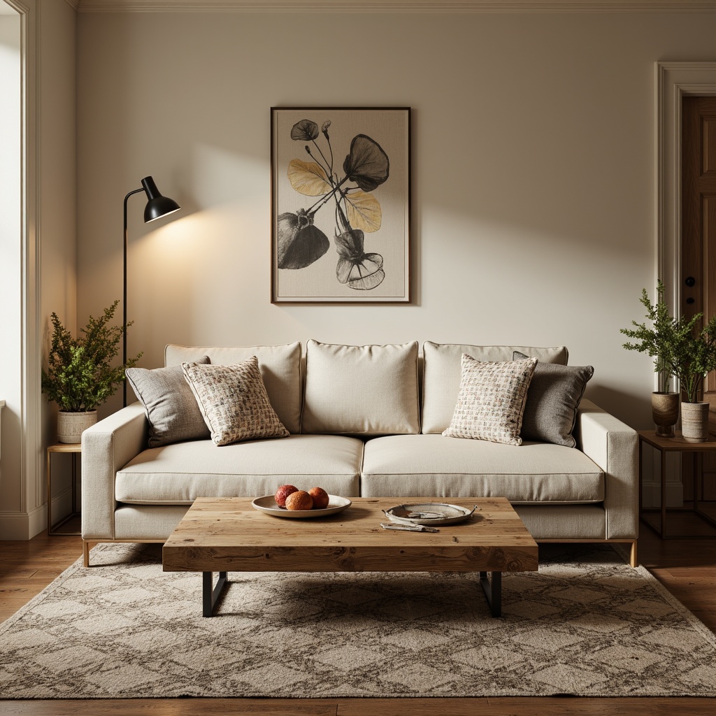 Prompt: Cozy living room, modern minimalist decor, sleek low-profile sofa, reclaimed wood coffee table, plush area rug, industrial metal floor lamp, geometric patterned throw pillows, natural linen upholstery, rustic wooden side tables, warm beige walls, soft warm lighting, shallow depth of field, 3/4 composition, realistic textures, ambient occlusion.