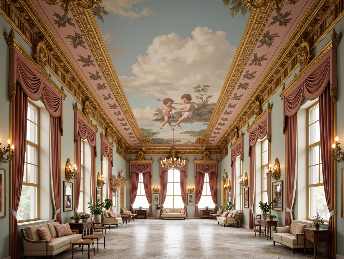 Prompt: Luxurious palace interior, ornate fresco ceiling, pastel color palette, delicate floral patterns, gilded frames, intricate moldings, soft warm lighting, shallow depth of field, 3/4 composition, panoramic view, realistic textures, ambient occlusion, lavish furnishings, velvet drapes, marble floors, crystal chandeliers, elegant caryatids, ornate mirrors, whimsical cloud motifs, playful putti figures, vivid trompe l'oeil effects.