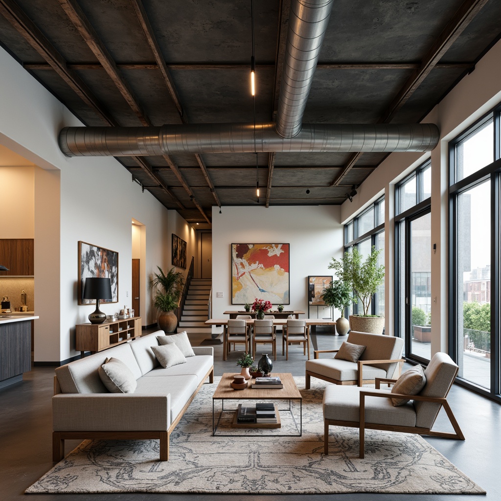 Prompt: Open-plan living space, minimal ornamentation, functional simplicity, rectangular shapes, industrial materials, exposed ductwork, polished concrete floors, floor-to-ceiling windows, sliding glass doors, abundant natural light, neutral color palette, bold typography, geometric patterns, functional furniture design, multi-functional spaces, flowing circulation paths, emphasis on function over form, modernist aesthetic, urban loft atmosphere, high ceilings, steel beams, reclaimed wood accents, abstract art pieces, warm industrial lighting, shallow depth of field, 1/1 composition, realistic textures.