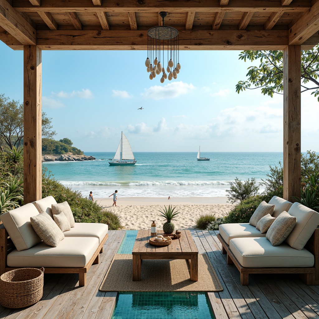 Prompt: Seaside villa, oceanfront location, sandy beach, clear blue waters, sailboats, seagulls, driftwood accents, nautical ropes, coral-inspired patterns, turquoise glass tiles, weathered wooden decks, plush outdoor furniture, coastal-themed decor, shell wind chimes, natural fiber textiles, woven sea grass baskets, distressed wood finishes, ocean breeze, warm sunlight, soft focus, 1/1 composition, atmospheric perspective, realistic wave simulations.