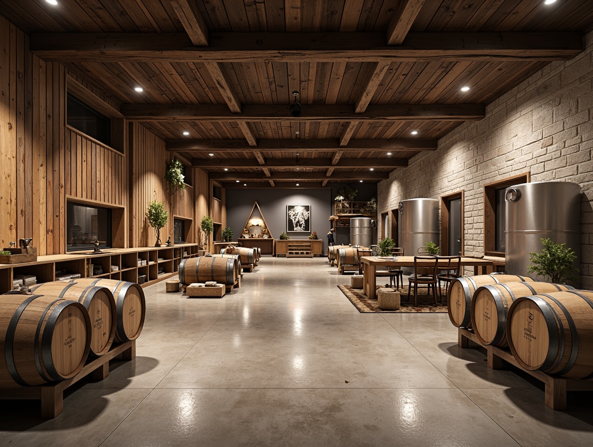 Prompt: Rustic winery, modern industrial style, polished concrete floors, wooden wine barrels, metal accents, reclaimed wood walls, stone features, earthy tones, warm lighting, open spaces, high ceilings, minimal decor, functional layout, wine tasting areas, fermentation tanks, wooden crates, vintage farming tools, natural textures, soft focus, shallow depth of field, 2/3 composition, realistic render.