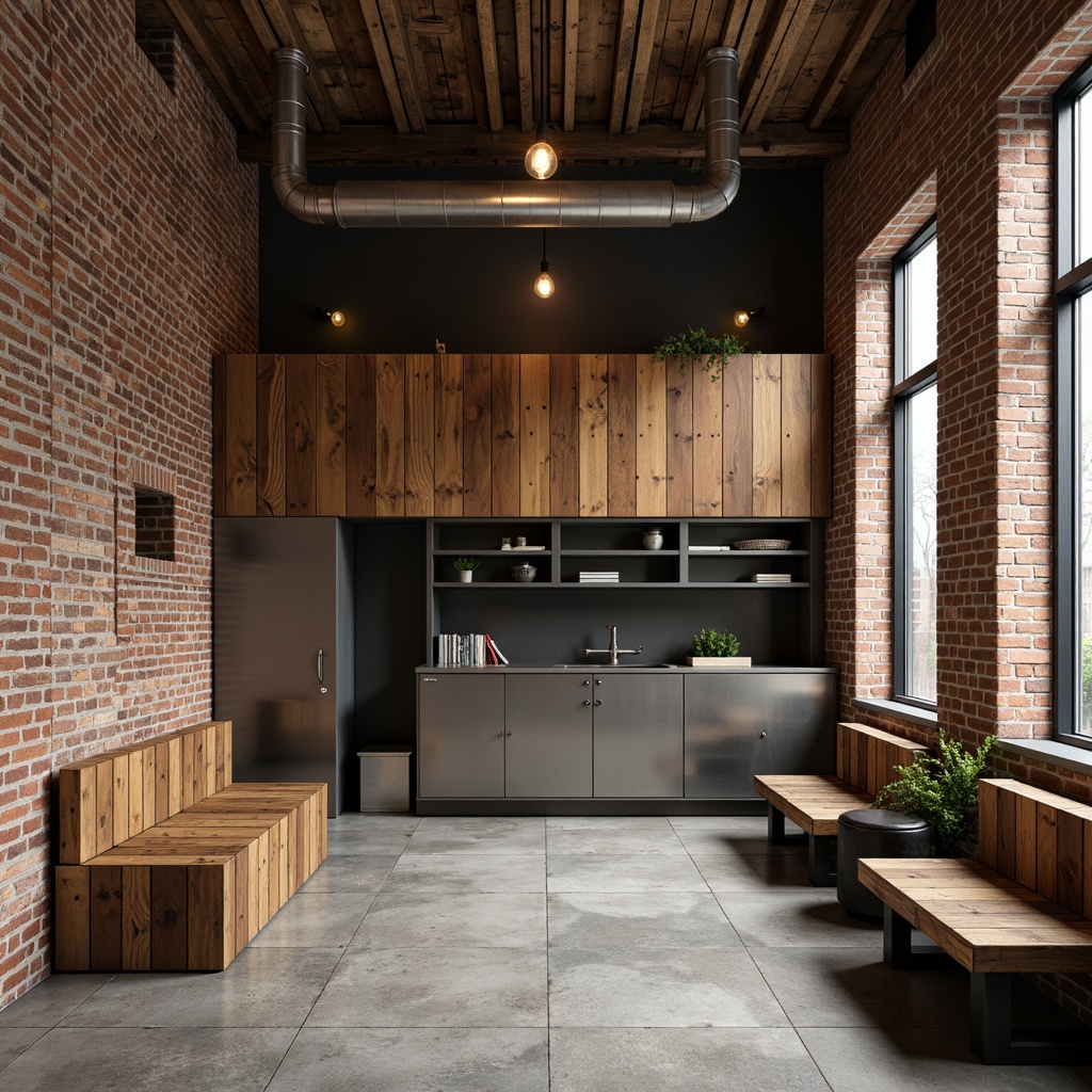 Prompt: Exposed brick walls, industrial-chic metal accents, reclaimed wood planks, distressed concrete finishes, urban loft-style atmosphere, modern minimalist decor, functional storage solutions, rustic wooden benches, metal lockers, decorative pipes, Edison bulb lighting, rough-textured stone flooring, earthy color palette, natural materials, cozy nooks, statement light fixtures, 3/4 composition, shallow depth of field.