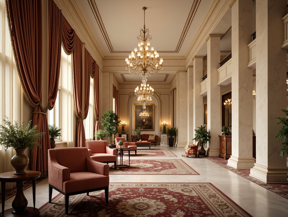 Prompt: Elegant neoclassical interior, ornate furnishings, luxurious velvet fabrics, rich silk upholstery, intricately patterned rugs, subtle gold accents, creamy marble surfaces, refined wood tones, tall Corinthian columns, grand crystal chandeliers, soft warm lighting, shallow depth of field, 2/3 composition, realistic textures, ambient occlusion.