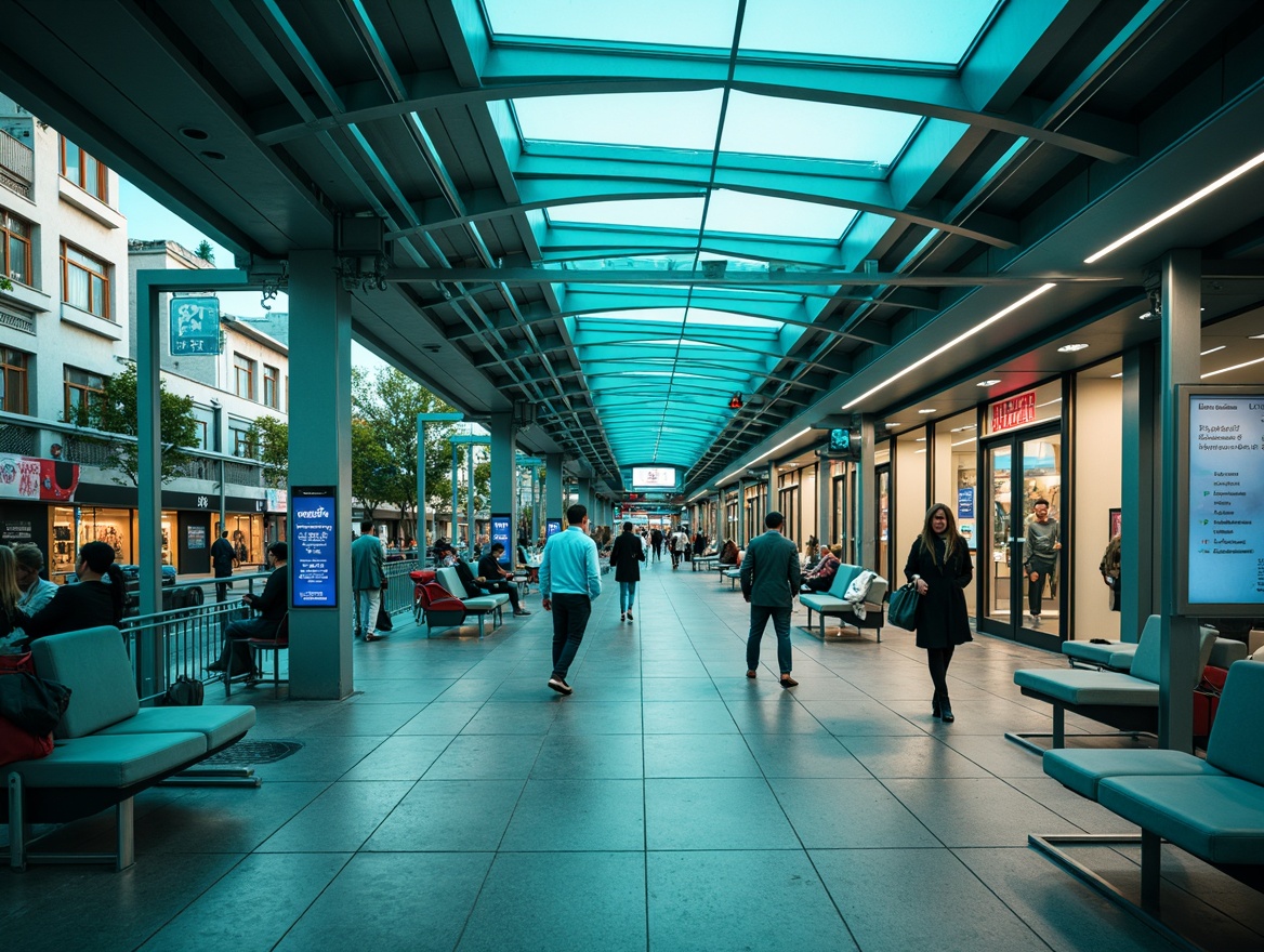 Prompt: Vibrant teal bus station, modern architecture, sleek metal frames, glass roofs, natural stone flooring, urban cityscape, busy streets, rush hour atmosphere, neon signs, digital displays, comfortable seating areas, stainless steel handrails, futuristic lighting systems, soft ambient glow, shallow depth of field, 1/2 composition, panoramic view, realistic reflections, subtle texture details.