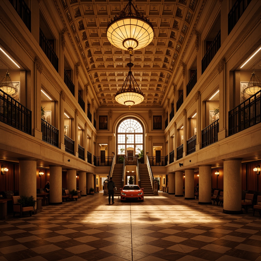 Prompt: Grand gymnasium, Renaissance-style interior, ornate chandeliers, warm golden lighting, softbox diffusers, LED strip lights, indirect illumination, vaulted ceilings, classical columns, marble floors, intricate moldings, rich wood tones, ornamental railings, luxurious textiles, subtle color gradients, ambient occlusion, high-contrast rendering, cinematic mood lighting, dramatic shadows, 1/2 composition, symmetrical framing, warm color palette.