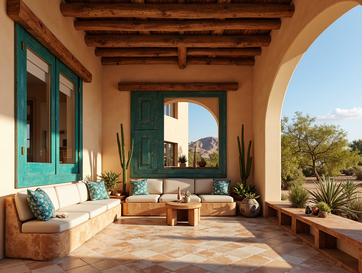 Prompt: Vibrant turquoise accents, earthy terracotta tones, sandy beige walls, rustic wooden benches, colorful Aztec patterns, geometric tile work, natural stone flooring, arched windows, curved lines, ornate metal details, warm golden lighting, soft shadows, shallow depth of field, 1/1 composition, realistic textures, ambient occlusion, desert landscape, cactus plants, clear blue sky, sunny day.