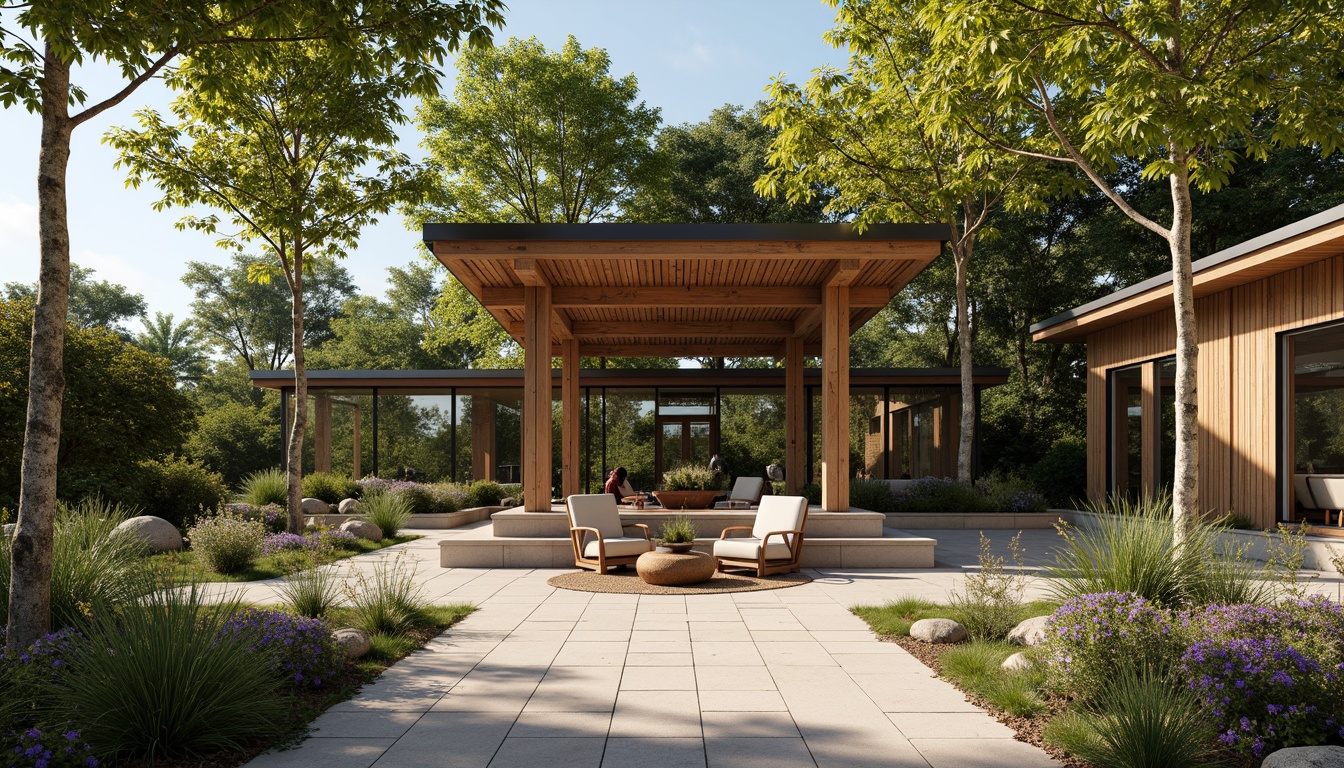 Prompt: Organic pavilion structure, reclaimed wood accents, living green walls, natural stone flooring, bamboo roofing, large glass windows, minimal metal frames, earthy color palette, lush surrounding foliage, warm sunny day, soft diffused lighting, shallow depth of field, 1/1 composition, intimate atmosphere, realistic textures, ambient occlusion.