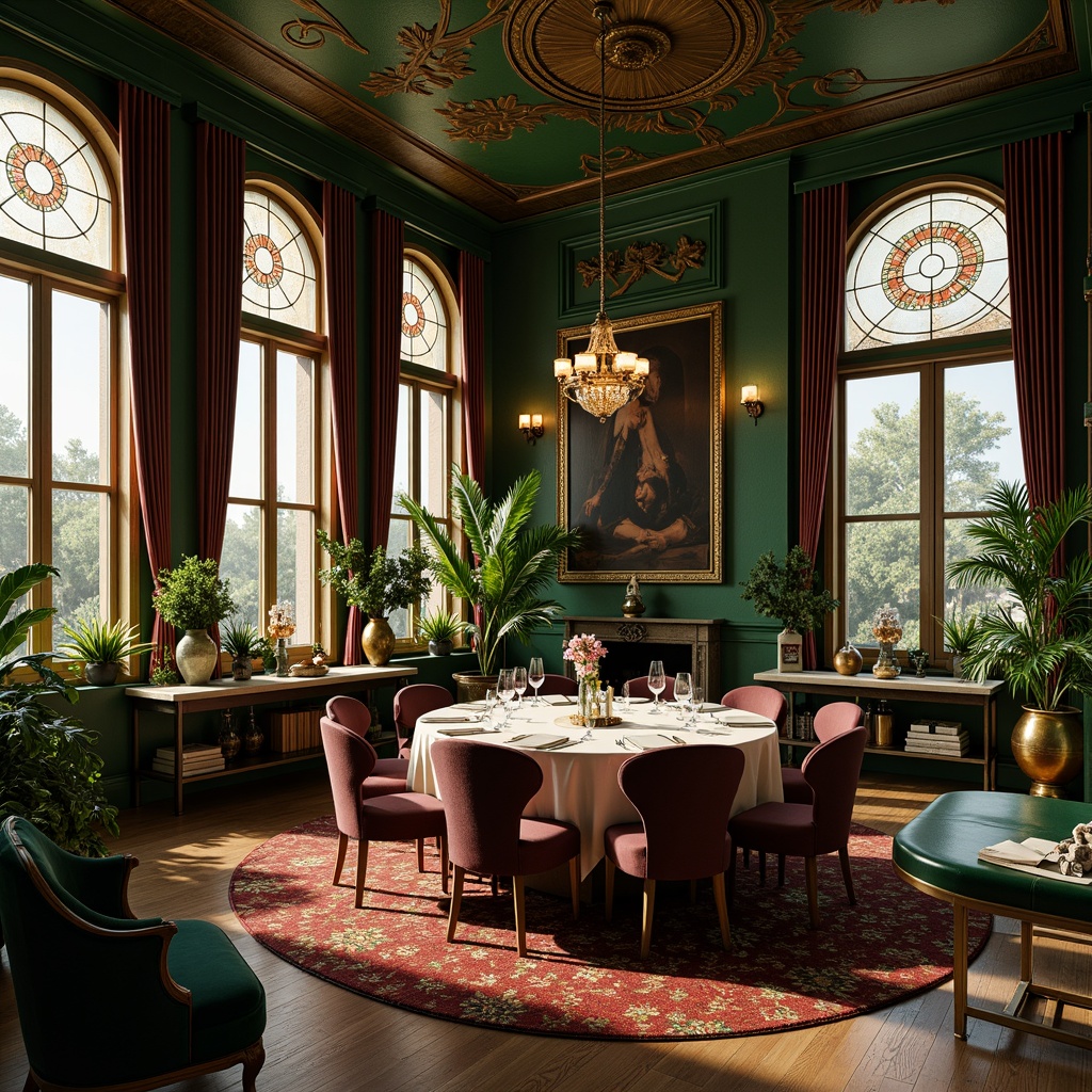 Prompt: Luxurious Art Nouveau dining room, ornate furnishings, sinuous lines, flowing curves, organic forms, rich jewel tones, emerald green walls, golden accents, copper lighting fixtures, velvet drapes, intricate wood carvings, curvilinear shapes, botanical patterns, stained glass windows, soft warm glow, intimate ambiance, dramatic shadows, 1/1 composition, symmetrical layout, ornate details, realistic textures, subtle color gradations.