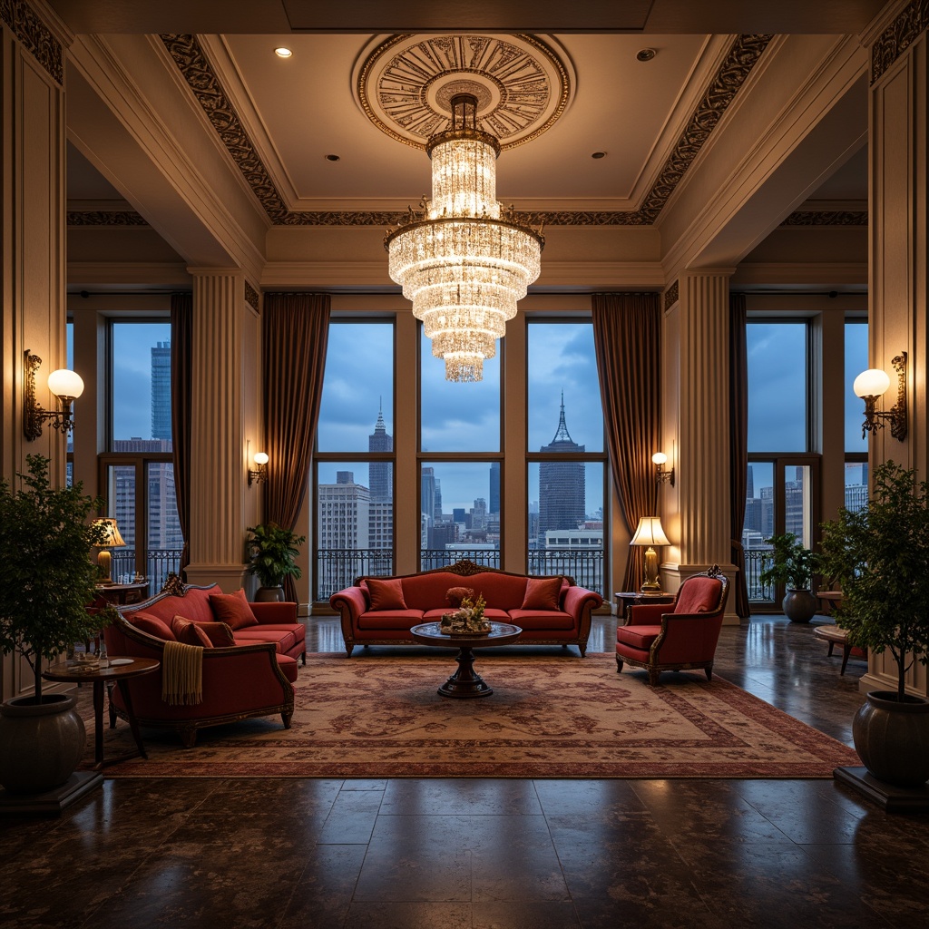 Prompt: Luxurious penthouse, neoclassical architecture, grandiose high ceiling, marble flooring, ornate columns, crystal chandeliers, lavish furnishings, velvet sofas, intricately carved wooden armchairs, gilded mirrors, opulent rugs, floor-to-ceiling windows, breathtaking city views, dramatic nighttime lighting, soft warm glow, 1/2 composition, atmospheric depth of field, realistic reflections, ambient occlusion.