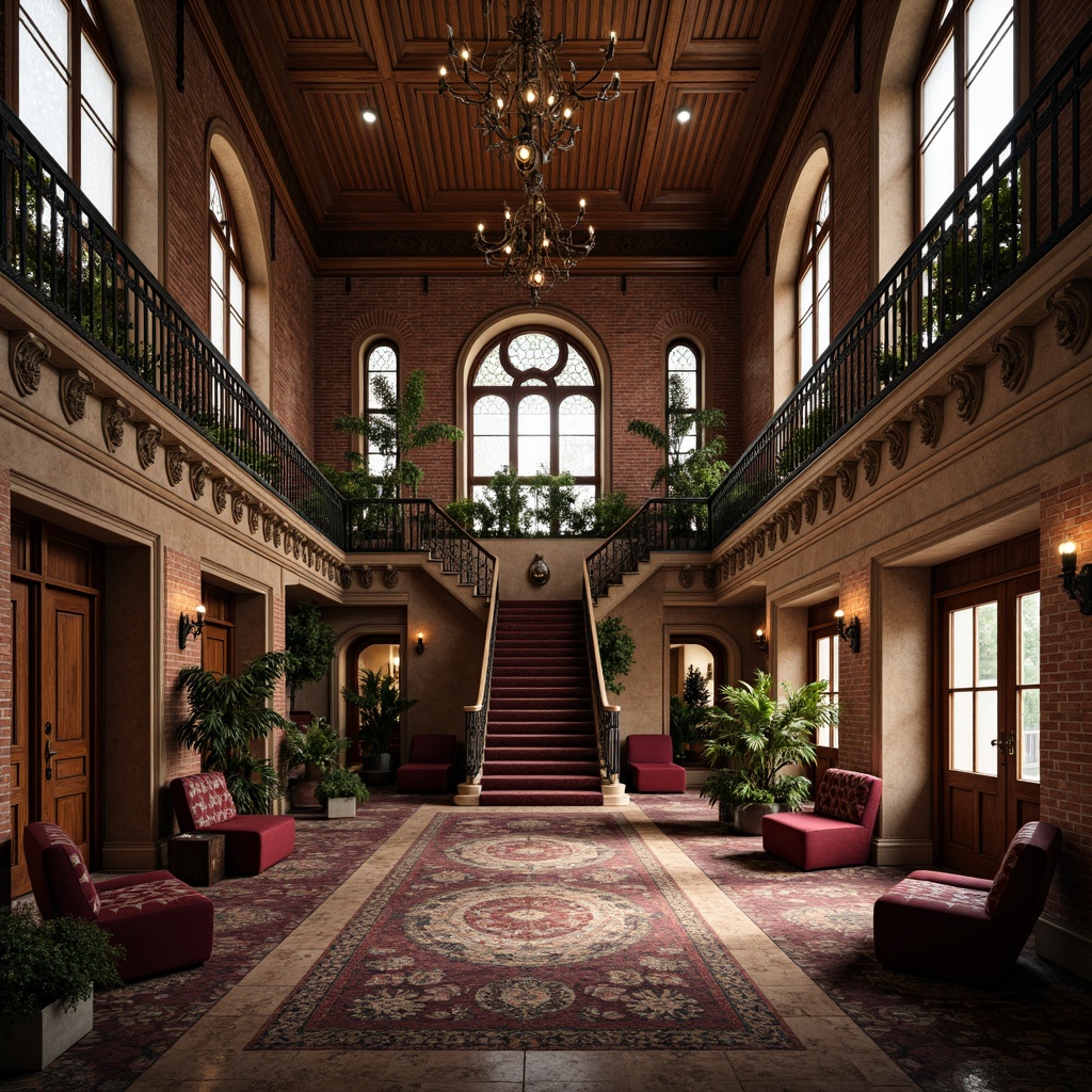 Prompt: Ornate Victorian mansion, intricately carved stonework, richly patterned brick facades, ornamental metal railings, lavish wooden doorways, stained glass windows, grandiose entrance halls, opulent chandeliers, velvety upholstery, detailed moldings, floral motifs, soft warm lighting, shallow depth of field, 1/1 composition, realistic textures, ambient occlusion.