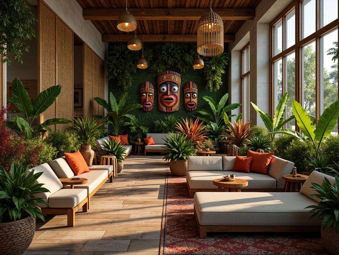 Prompt: Vibrant tropical leaves, exotic flowers, natural woven fibers, earthy terracotta tones, rustic wooden accents, woven rattan furniture, colorful tiki masks, bold geometric patterns, textured concrete walls, distressed wood planks, lush greenery installations, floor-to-ceiling glass windows, warm ambient lighting, shallow depth of field, 1/1 composition, realistic textures, ambient occlusion.