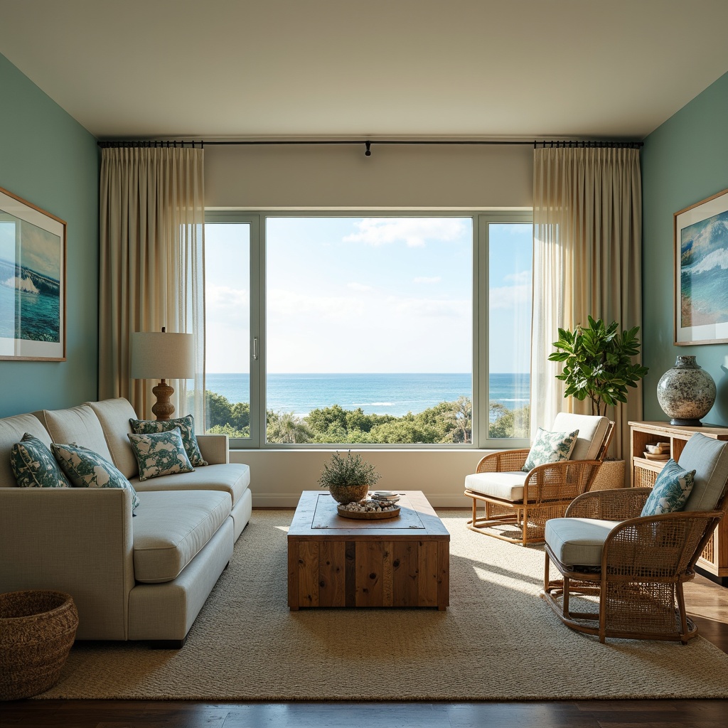 Prompt: Coastal living room, ocean-inspired textiles, natural fiber upholstery, driftwood coffee table, woven sea grass rug, coral-patterned throw pillows, shells and pebbles decor, calming blue-green color palette, soft warm lighting, sheer curtains, panoramic ocean views, beachy vibe, relaxed atmosphere, comfortable sectional sofa, natural linen fabrics, woven rattan armchairs, nautical-themed wall art, subtle wave patterns, organic shapes, earthy tones, cozy reading nook, refreshing sea breeze.