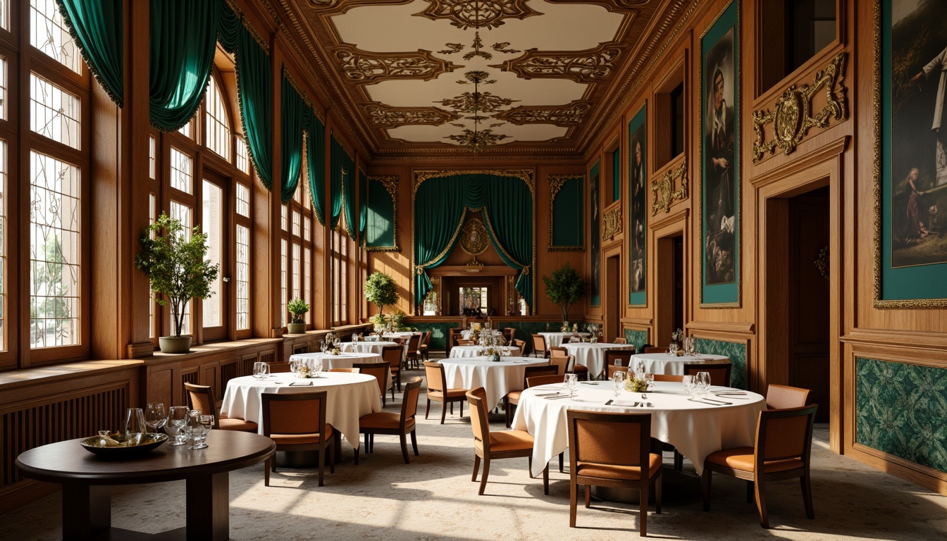 Prompt: Opulent dining room, rich wood paneling, ornate moldings, curved lines, flowing organic shapes, luxurious fabrics, jewel-toned colors, emerald green walls, gold leaf accents, soft cream ceilings, warm beige floors, antique furniture, bronze hardware, stained glass windows, natural light filtering, dramatic shadows, intricate patterns, elegant textures, high contrast ratio, 1/2 composition, intimate atmosphere, moody lighting, cinematic depth of field.