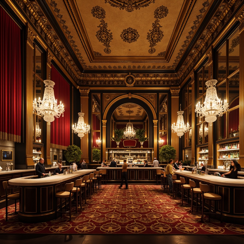 Prompt: Luxurious bar interior, ornate Rococo details, gilded moldings, velvet drapes, rich wood paneling, metallic accents, crystal chandeliers, marble countertops, intricate patterns, lavish textiles, warm golden lighting, soft focus, shallow depth of field, 1/2 composition, dramatic shadows, realistic reflections.