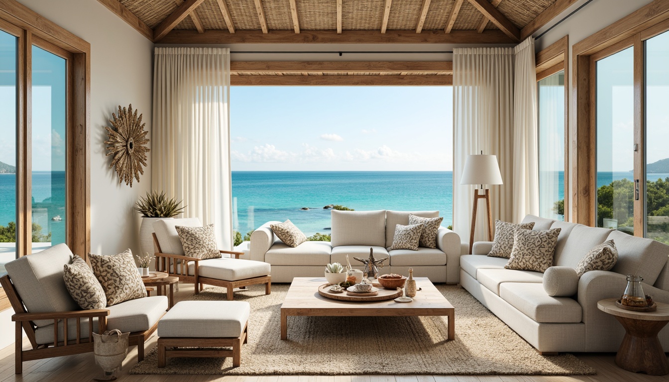 Prompt: Coastal living room, ocean views, natural fabrics, woven seagrass, driftwood accents, coral-inspired patterns, turquoise hues, soft sandy textures, weathered wooden furniture, nautical ropes, sea salt scents, calming ambiance, warm beige tones, plush throw blankets, shell-shaped decorative objects, beachy vibe, serene atmosphere, soft box lighting, 1/1 composition, realistic materials, subtle color grading.