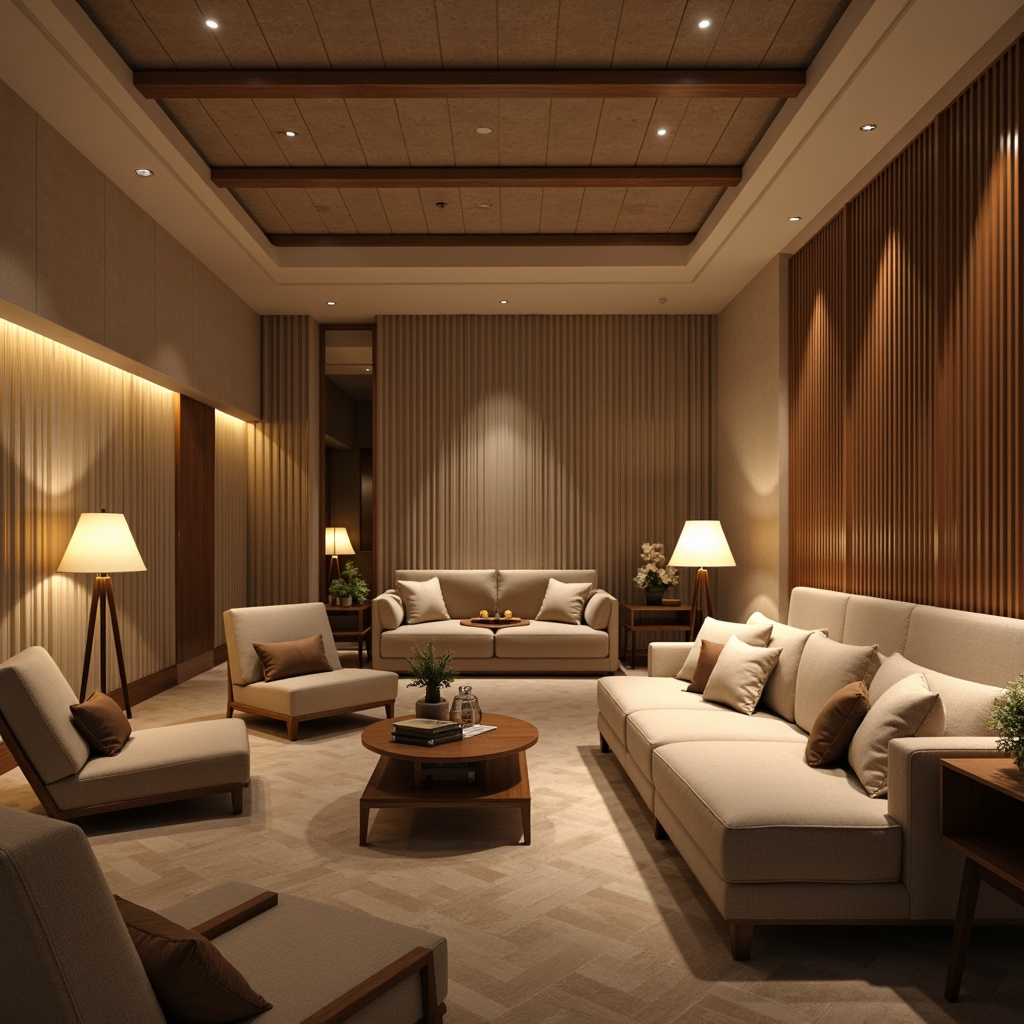 Prompt: Cozy living room, plush sofas, ergonomic chairs, soft cushions, warm beige colors, natural wood accents, ambient lighting, floor lamps, comfortable seating arrangement, intimate conversation areas, acoustic panels, sound-absorbing materials, calm atmosphere, relaxed vibe, shallow depth of field, 1/1 composition, realistic textures, subtle shading.