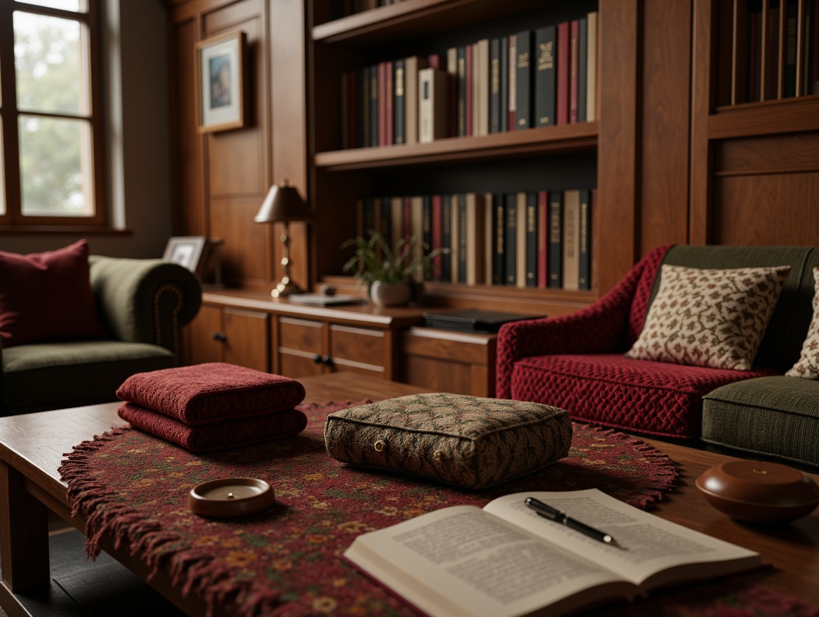 Prompt: Rich velvet fabrics, ornate patterns, classic tartan designs, sophisticated herringbone textiles, luxurious wool blends, warm earthy tones, subtle tweed accents, refined leather upholstery, elegant wooden paneling, academic-inspired color schemes, muted library atmospheres, soft warm lighting, shallow depth of field, 3/4 composition, realistic textures, ambient occlusion.