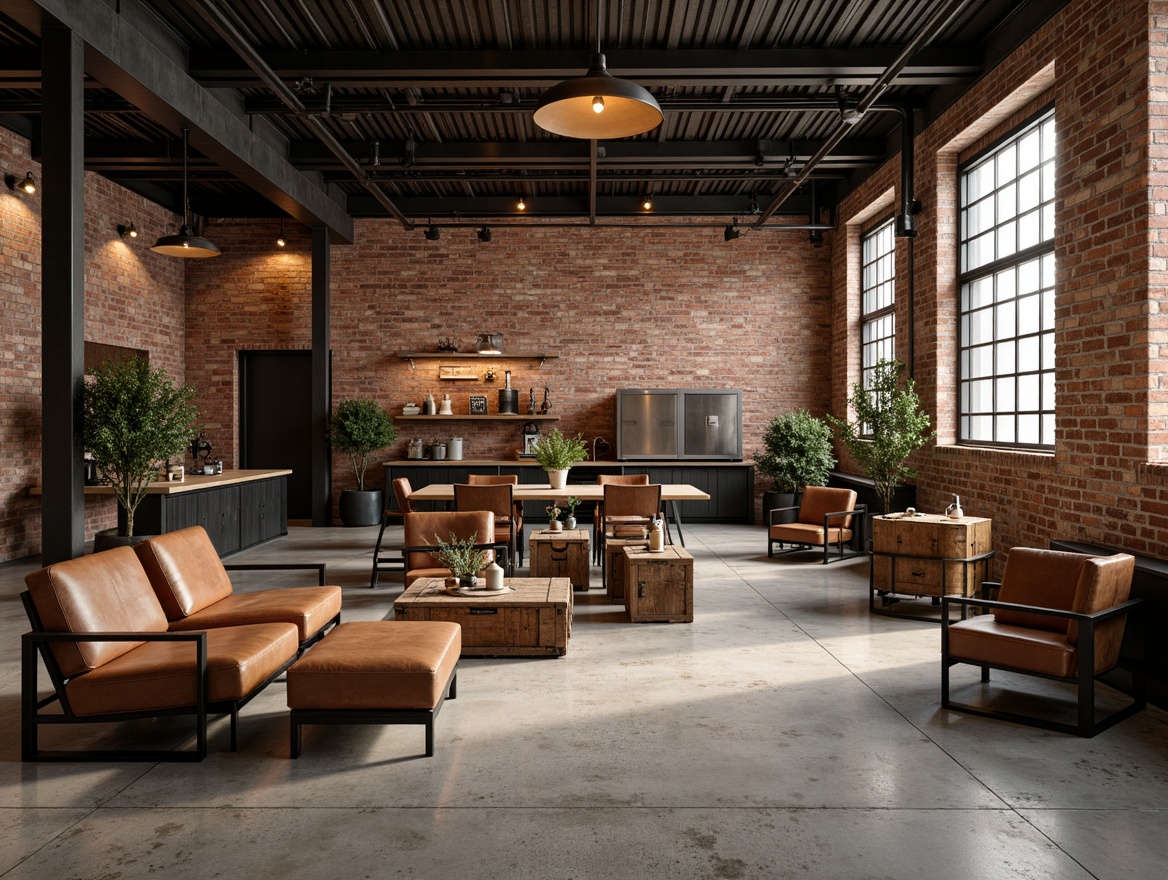 Prompt: Exposed brick walls, metal beams, reclaimed wood floors, industrial-chic lighting fixtures, vintage manufacturing equipment, distressed leather sofas, metal frame chairs, wooden crates, urban loft ambiance, natural textiles, earthy color palette, minimalist decor, functional decorative items, rustic metal accents, worn concrete surfaces, renovated warehouse atmosphere, dramatic overhead lighting, 3/4 composition, realistic textures.