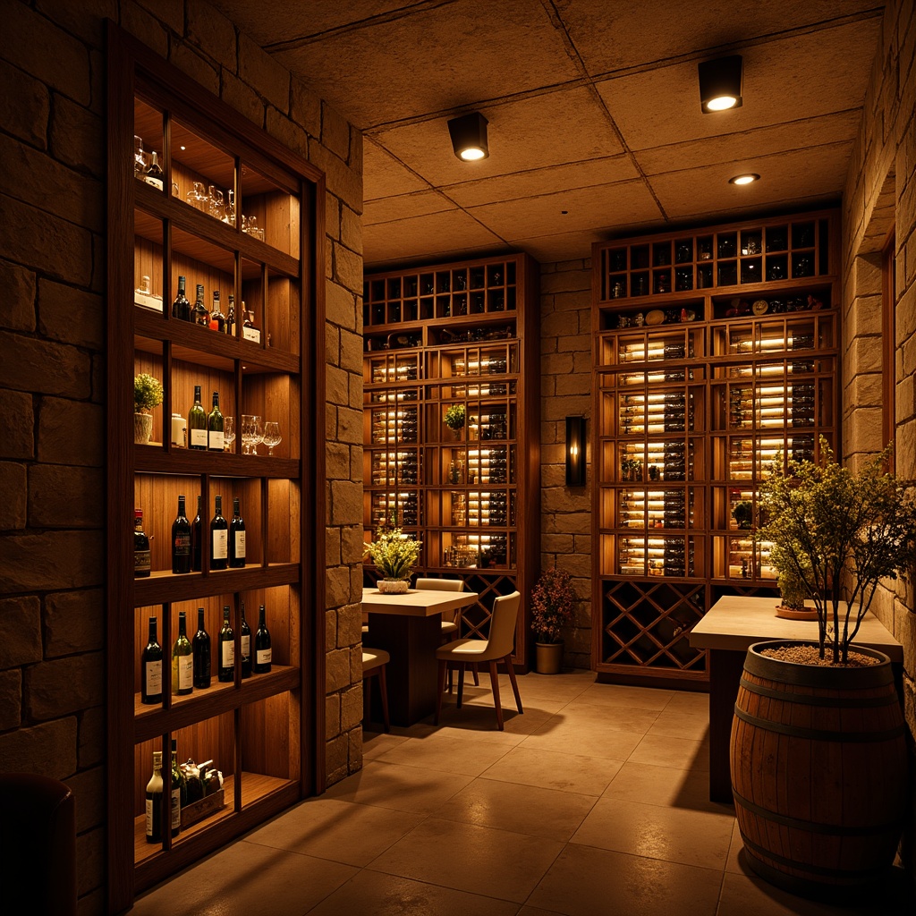 Prompt: Warm wine cellar, rustic stone walls, dimmed warm lighting, wooden wine racks, glass-enclosed wine storage, ambient shadows, soft golden glow, subtle LED lights, intimate atmosphere, cozy seating areas, rich wood tones, vintage wine barrels, earthy aromas, tranquil ambiance, 1/1 composition, shallow depth of field, realistic textures, warm color palette.