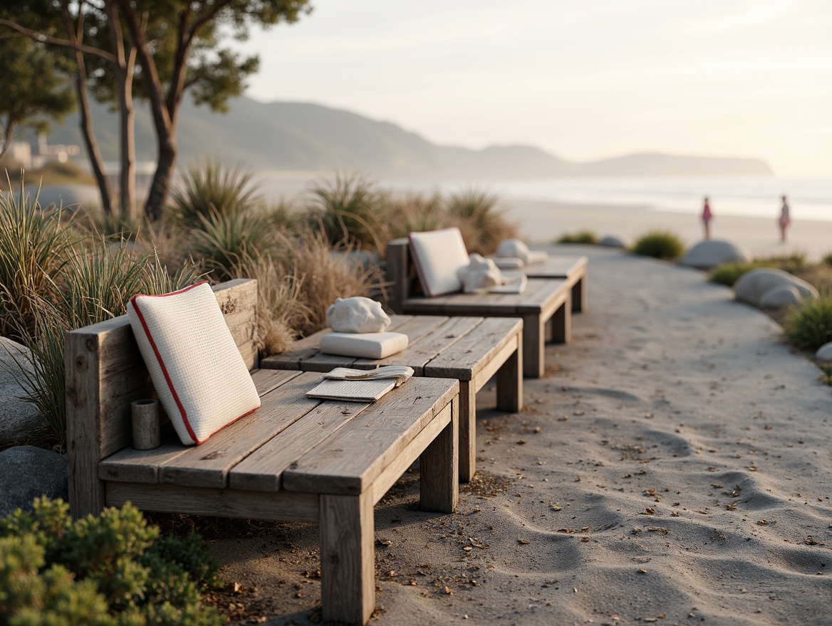 Prompt: Weathered wooden benches, driftwood accents, natural fiber cushions, ocean-inspired color palette, beachy textiles, distressed finishes, rustic metal frames, nautical rope details, seaside scenery, misty morning atmosphere, soft warm lighting, 1/1 composition, intimate framing, realistic wood textures, ambient occlusion.