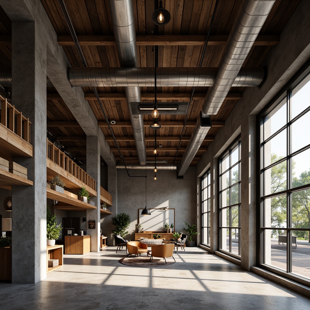 Prompt: Exposed ductwork, reclaimed wood accents, metal beams, industrial chic decor, pendant lighting fixtures, Edison bulbs, metal shade lamps, minimalist design, functional aesthetic, urban loft atmosphere, distressed finishes, concrete floors, steel columns, mechanical equipment visible, high ceilings, natural light pouring in, soft warm glow, dramatic shadows, 3/4 composition, realistic textures, ambient occlusion.