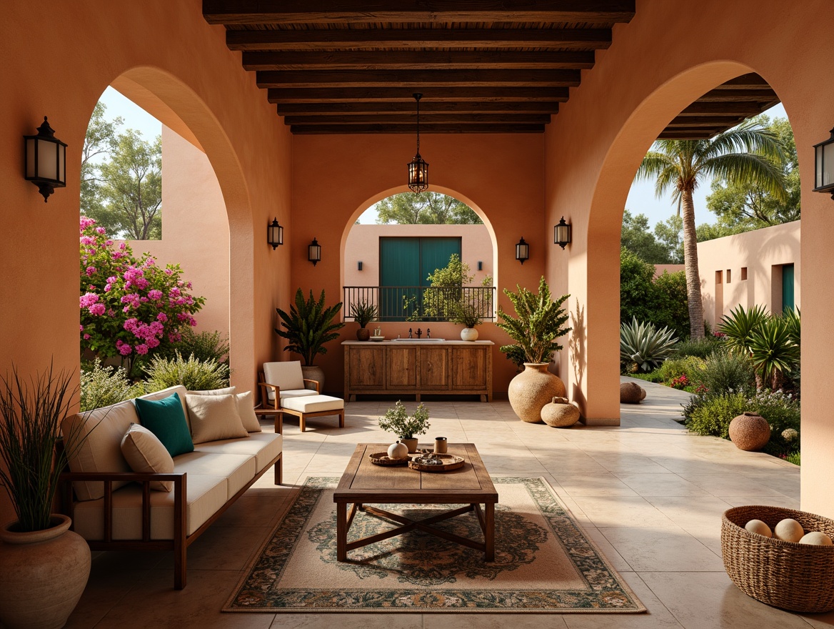 Prompt: Warm Mediterranean villa, earthy terracotta walls, soft cream-colored stucco, turquoise accents, ornate tile work, rustic wooden beams, lush greenery, vibrant bougainvillea flowers, warm golden lighting, cozy intimate spaces, plush velvet fabrics, natural stone flooring, distressed wood furniture, decorative ceramics, woven rattan baskets, airy open archways, serene ambiance, soft focus photography, 1/1 composition, warm shallow depth of field.