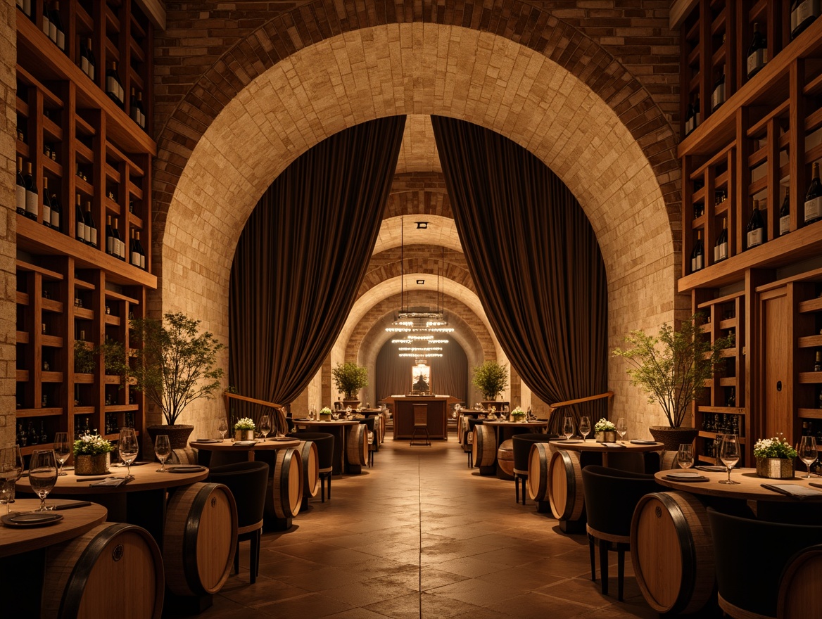 Prompt: \Wine cellar ambiance, dimmed warm lighting, rich wood tones, stone walls, elegant wooden wine racks, vintage wine barrels, soft golden glow, subtle shadows, intimate seating areas, luxurious velvet drapes, ornate metalwork, rustic brick archways, ambient candlelight, warm beige color scheme, cozy atmospheric mist, shallow depth of field, 1/2 composition, realistic textures, soft focus effect.\